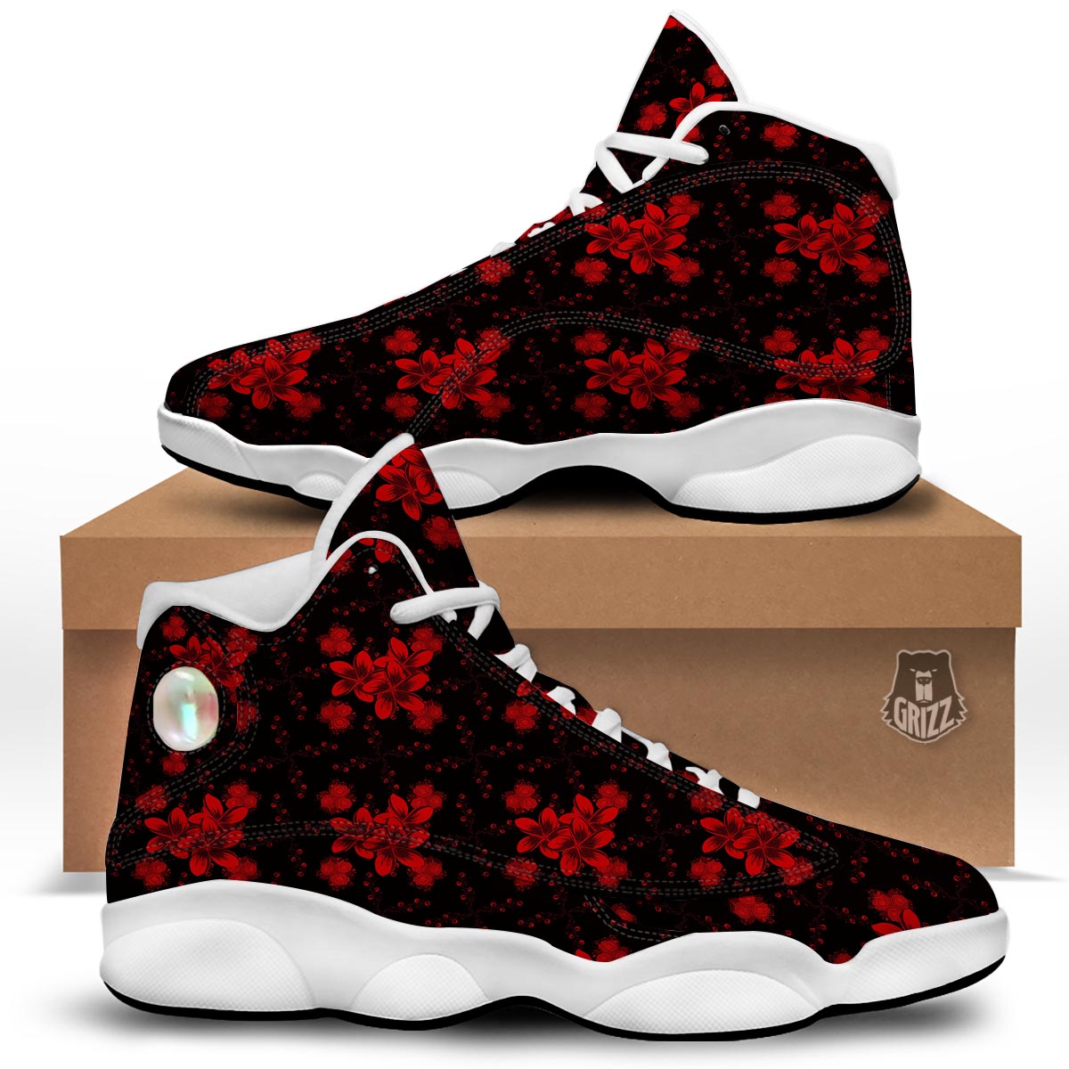 Frangipani Black And Red Print Pattern White Basketball Shoes-grizzshop