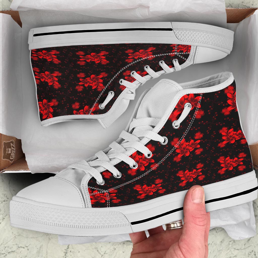 Frangipani Black And Red Print Pattern White High Top Shoes-grizzshop