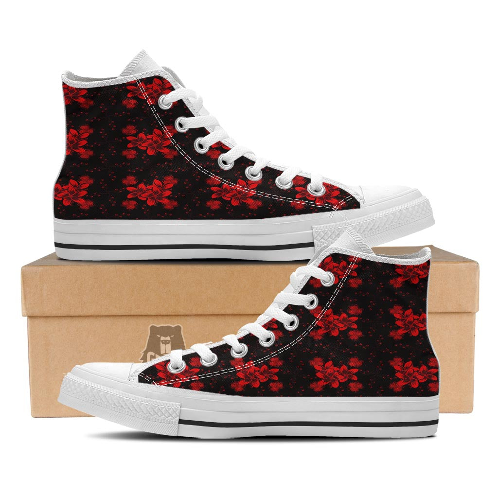 Frangipani Black And Red Print Pattern White High Top Shoes-grizzshop
