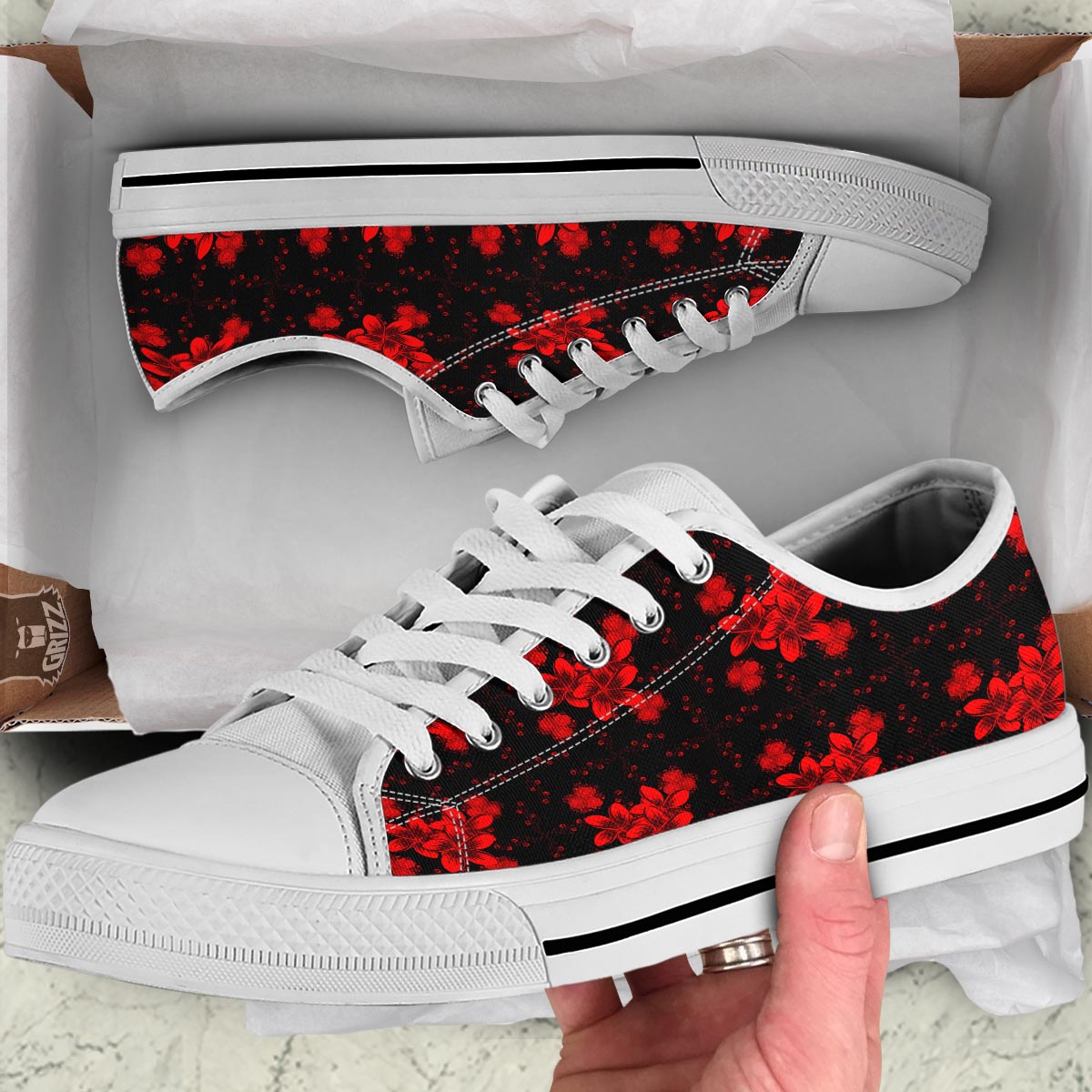 Frangipani Black And Red Print Pattern White Low Top Shoes-grizzshop