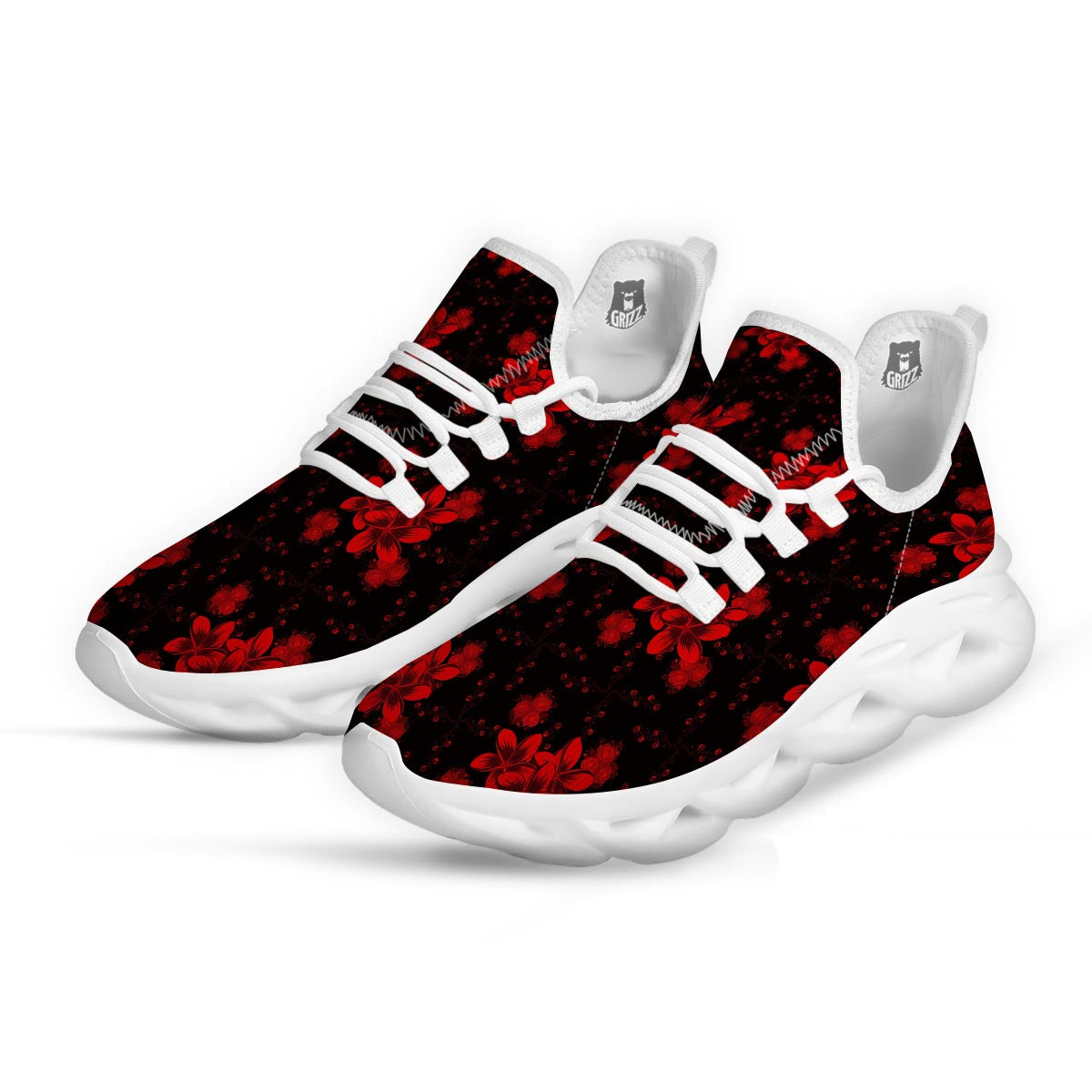 Frangipani Black And Red Print Pattern White Running Shoes-grizzshop