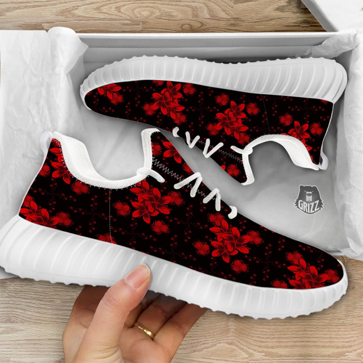Frangipani Black And Red Print Pattern White Walking Shoes-grizzshop