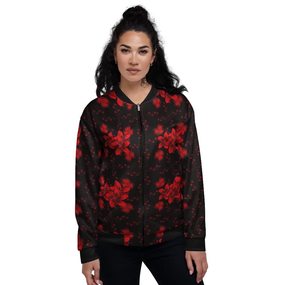 Frangipani Black And Red Print Pattern Women's Bomber Jacket-grizzshop