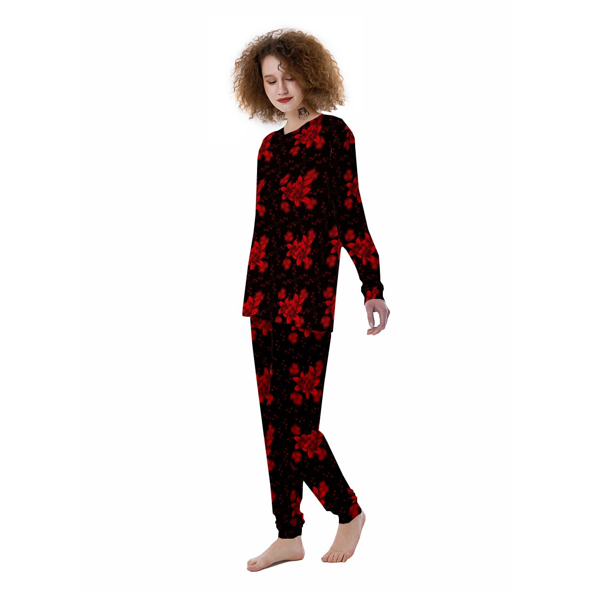 Frangipani Black And Red Print Pattern Women's Pajamas-grizzshop