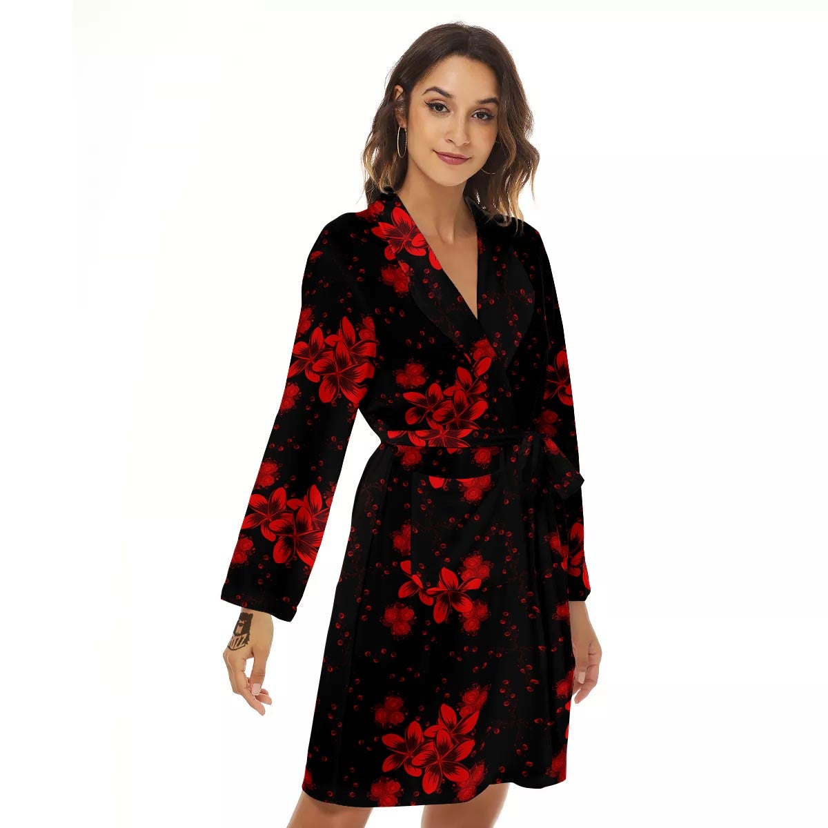 Frangipani Black And Red Print Pattern Women's Robe-grizzshop