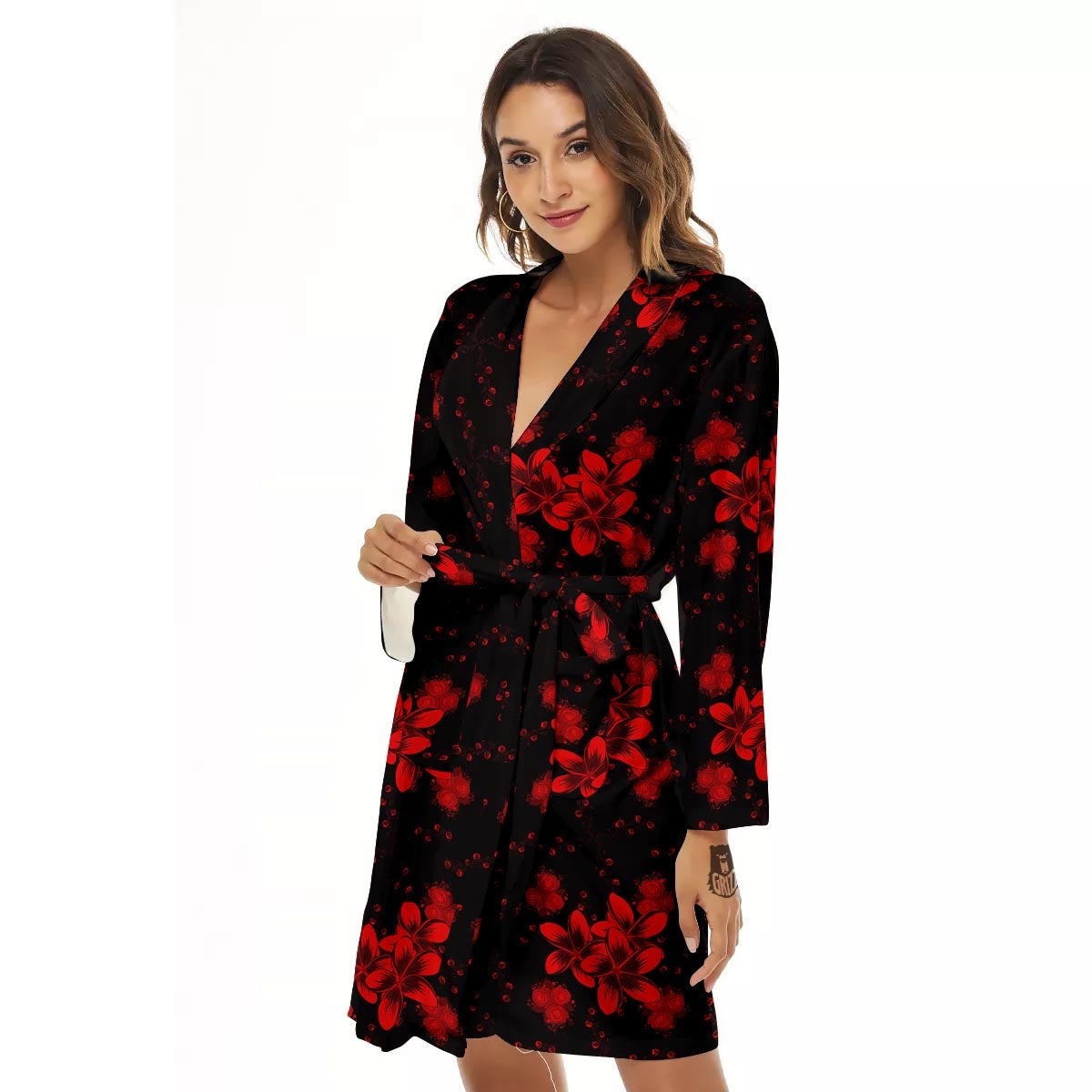 Frangipani Black And Red Print Pattern Women's Robe-grizzshop