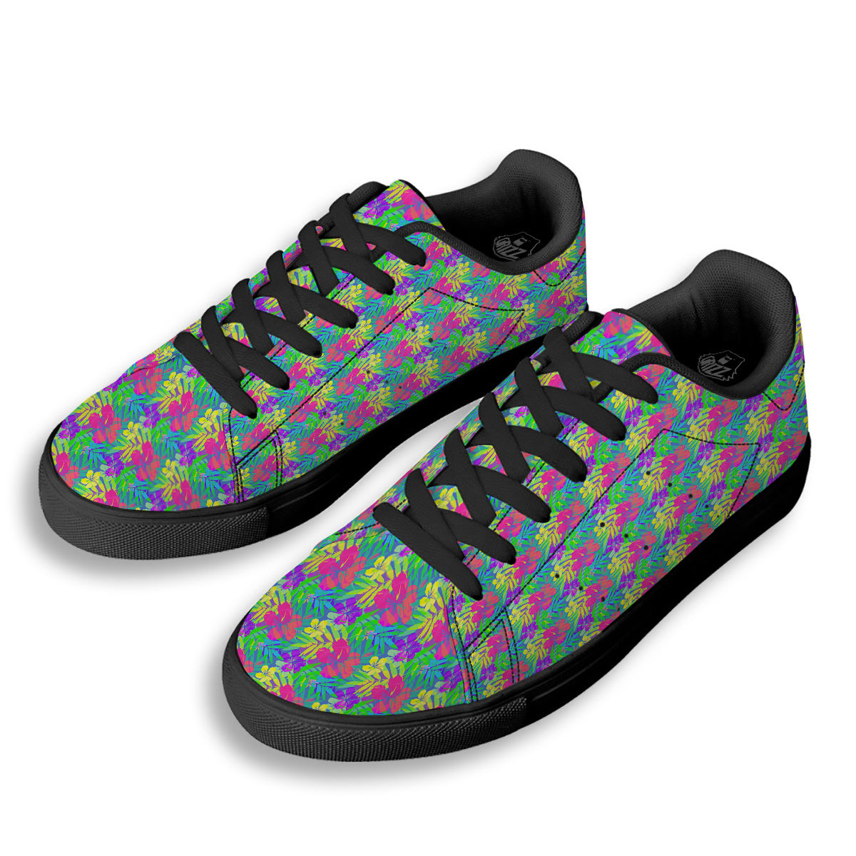 Frangipani Colorful Print Pattern Black Low Top Sneakers-grizzshop
