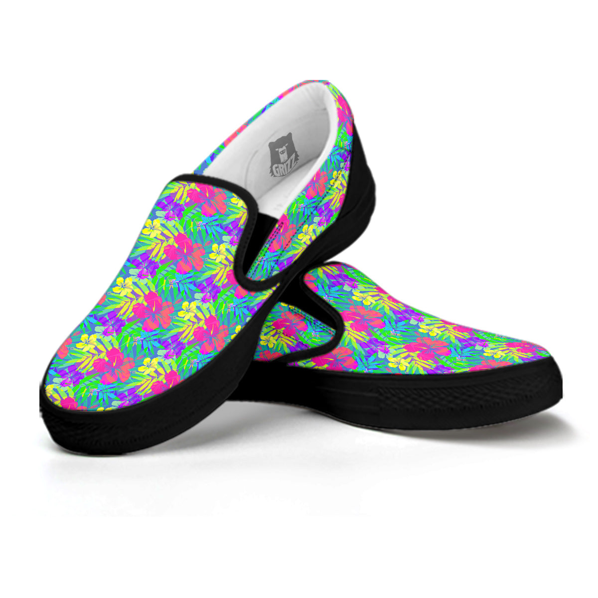 Frangipani Colorful Print Pattern Black Slip On Shoes-grizzshop