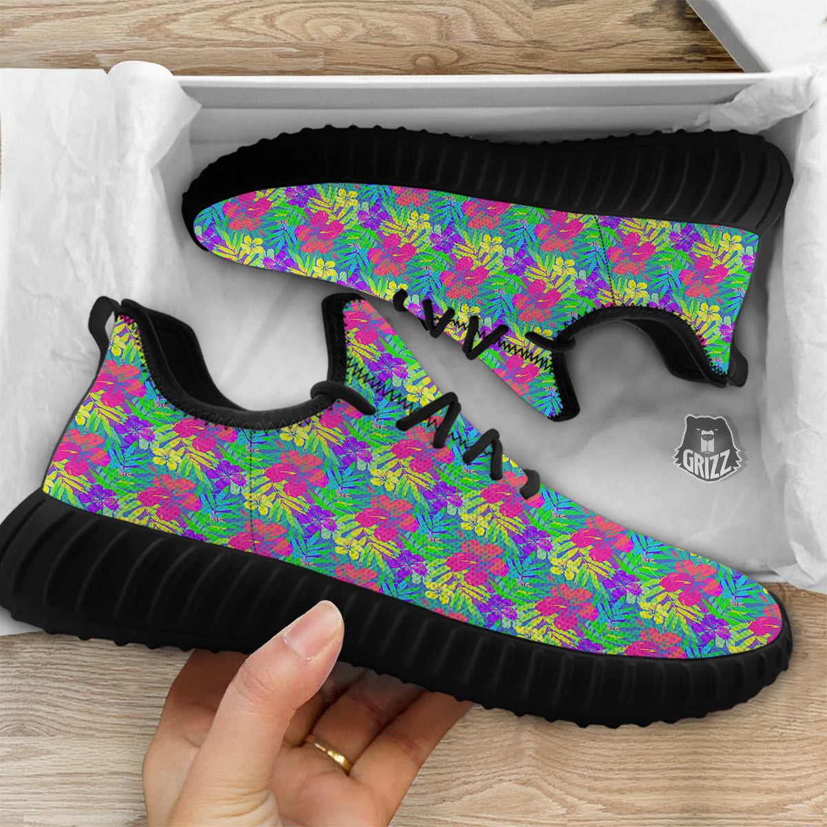 Frangipani Colorful Print Pattern Black Walking Shoes-grizzshop