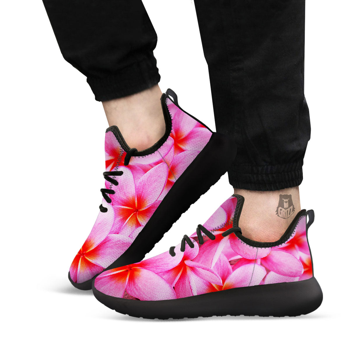 Frangipani Flower Pink Print Black Athletic Shoes-grizzshop