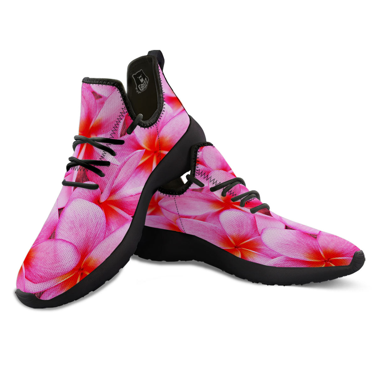 Frangipani Flower Pink Print Black Athletic Shoes-grizzshop