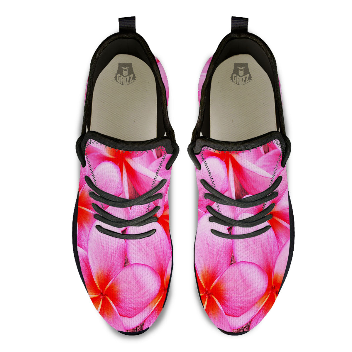 Frangipani Flower Pink Print Black Athletic Shoes-grizzshop