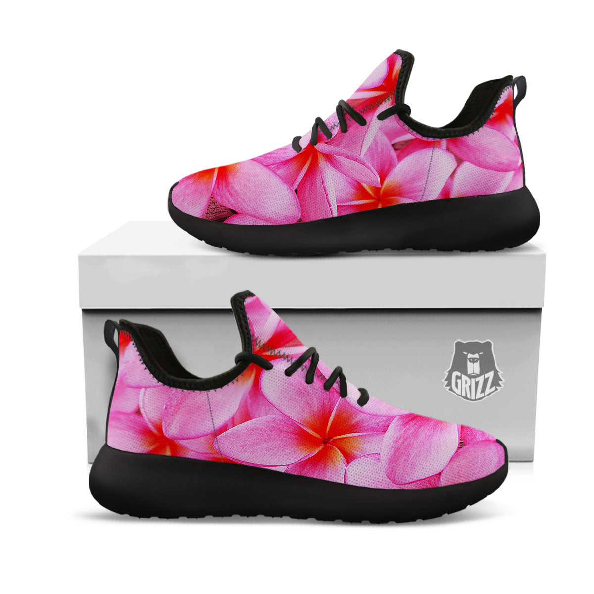 Frangipani Flower Pink Print Black Athletic Shoes-grizzshop
