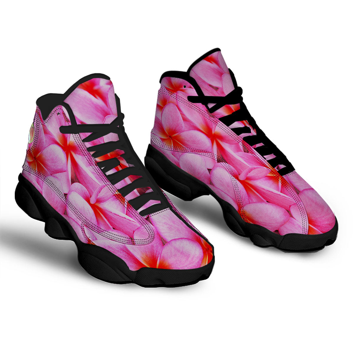 Frangipani Flower Pink Print Black Basketball Shoes-grizzshop