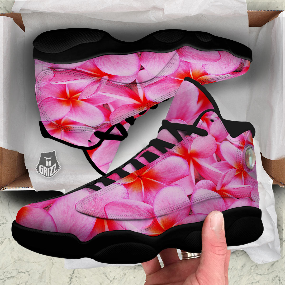 Frangipani Flower Pink Print Black Basketball Shoes-grizzshop