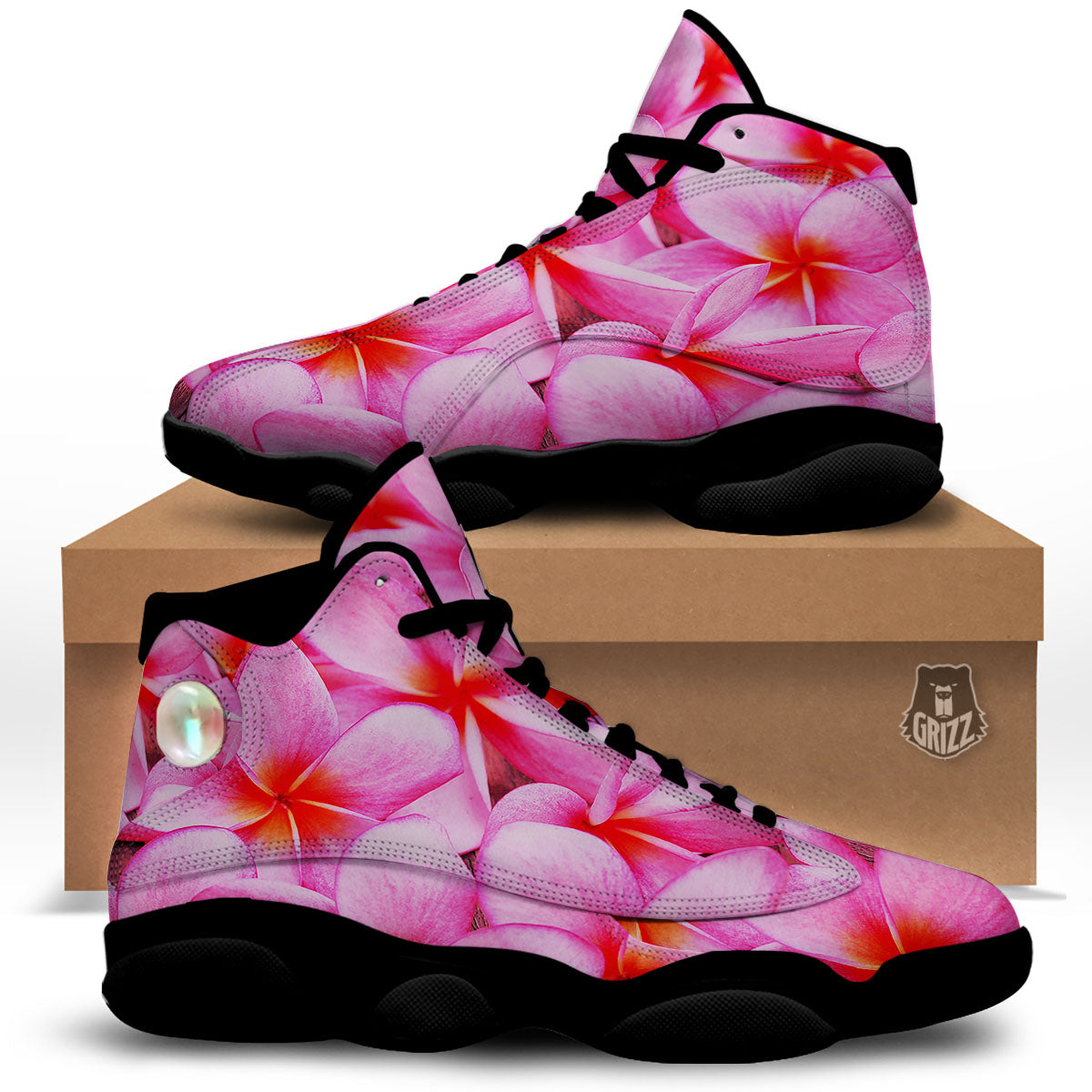 Frangipani Flower Pink Print Black Basketball Shoes-grizzshop