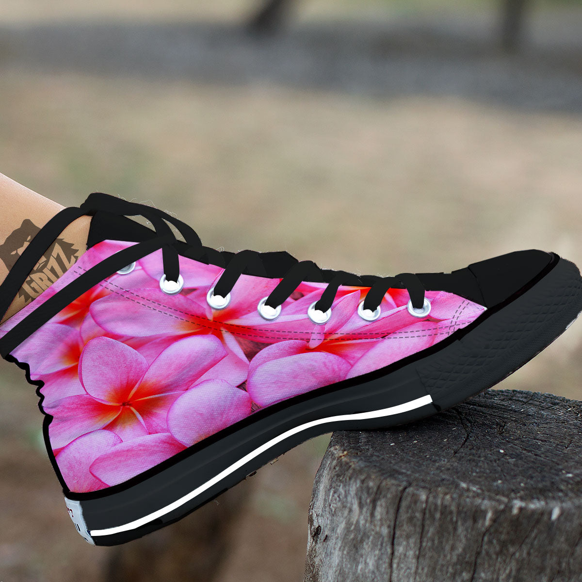 Frangipani Flower Pink Print Black High Top Shoes-grizzshop