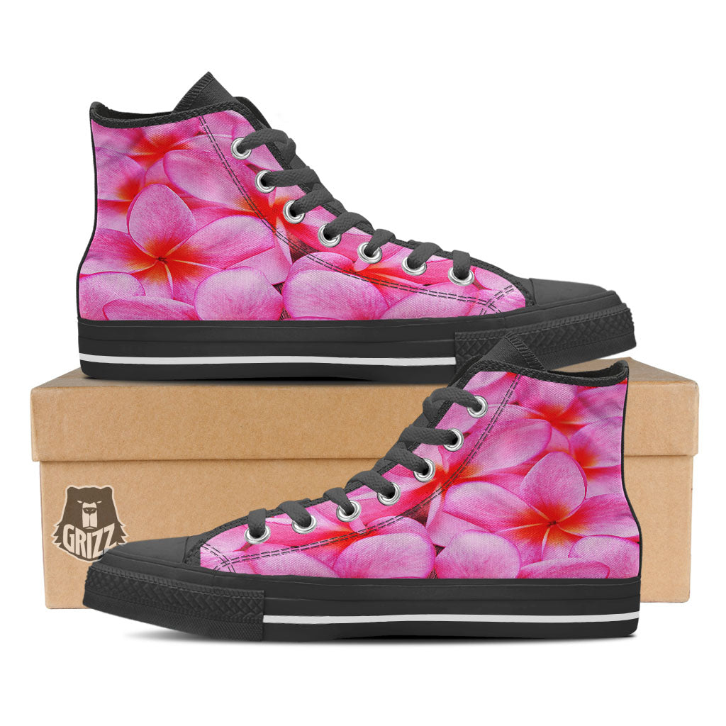 Frangipani Flower Pink Print Black High Top Shoes-grizzshop