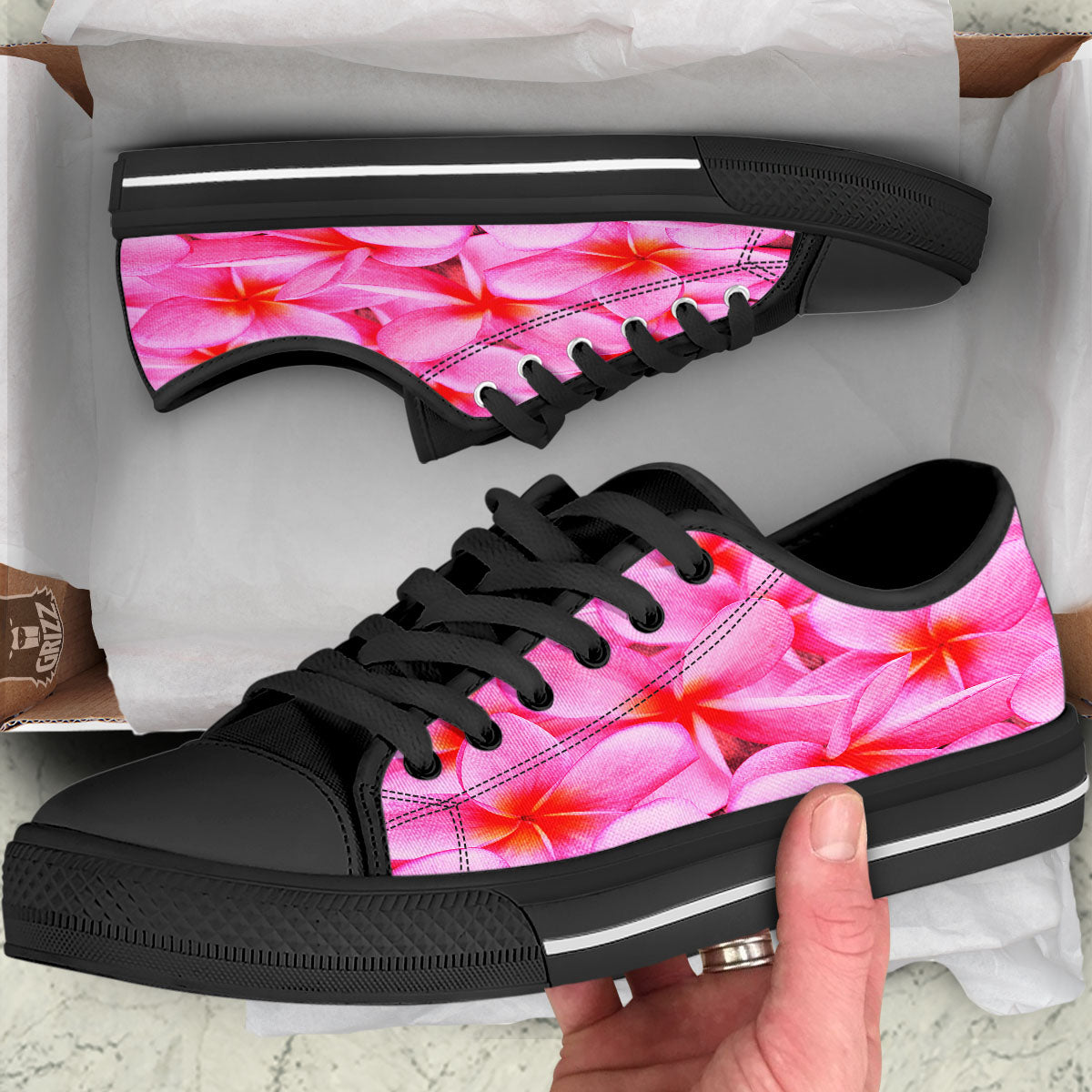 Frangipani Flower Pink Print Black Low Top Shoes-grizzshop