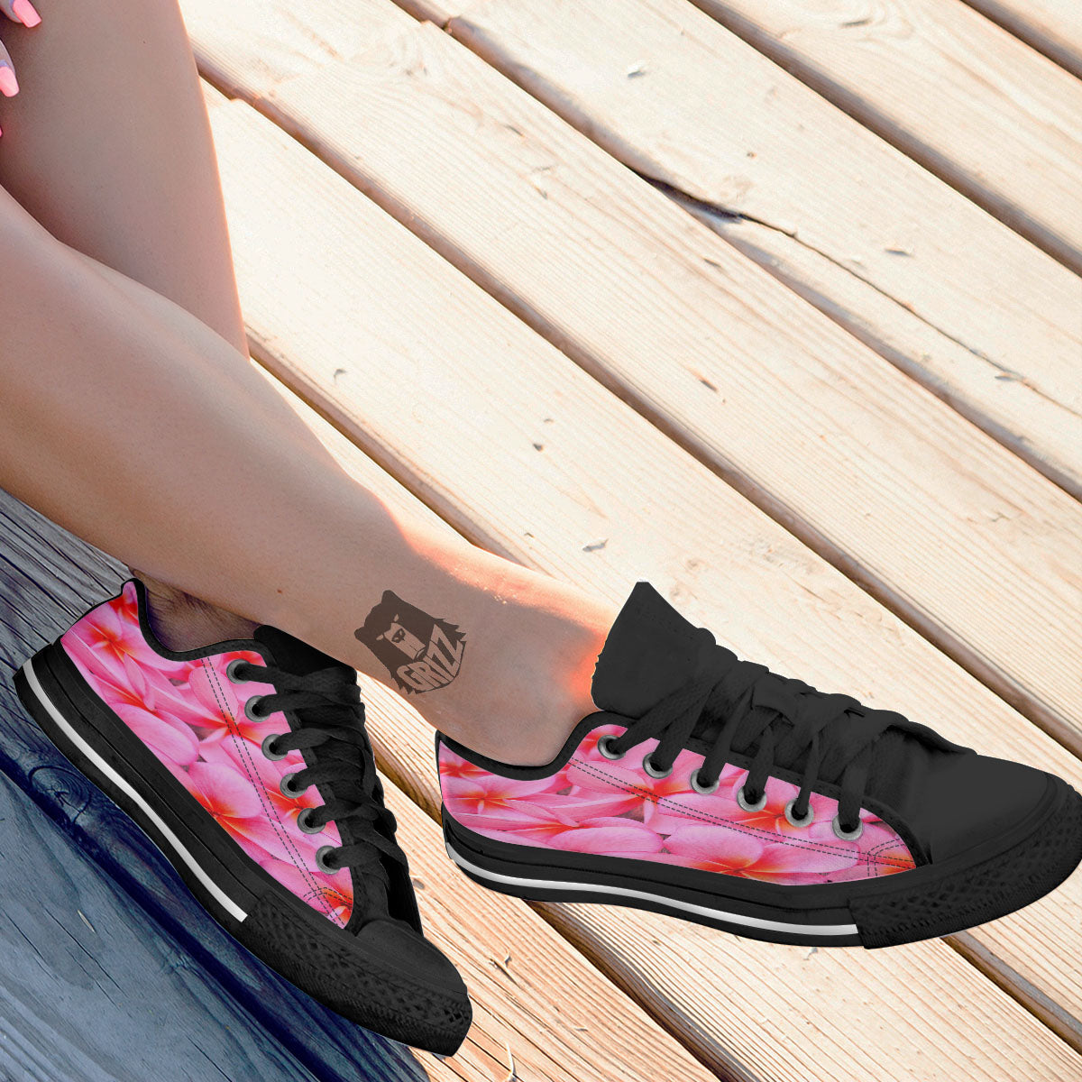 Frangipani Flower Pink Print Black Low Top Shoes-grizzshop