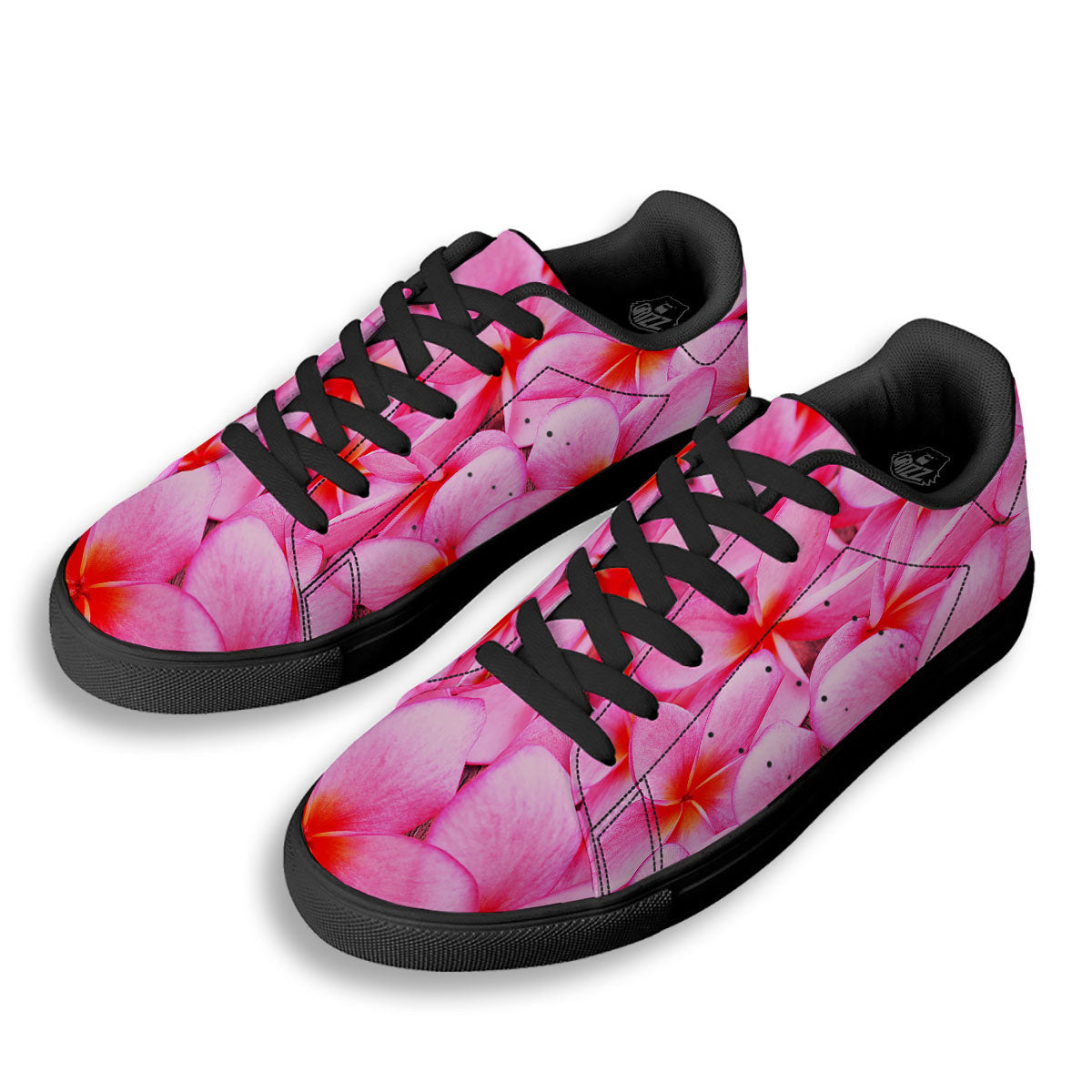 Frangipani Flower Pink Print Black Low Top Sneakers-grizzshop