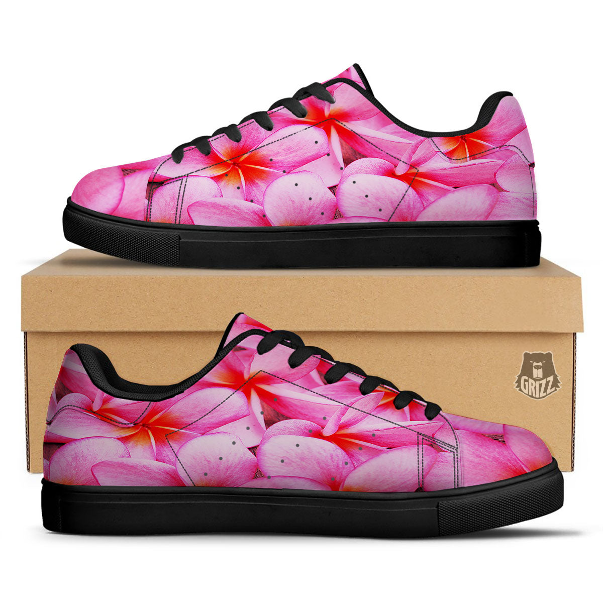 Frangipani Flower Pink Print Black Low Top Sneakers-grizzshop