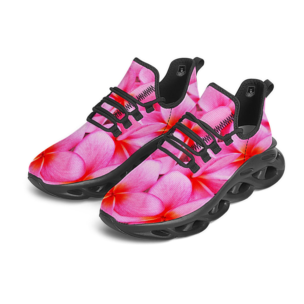 Frangipani Flower Pink Print Black Running Shoes-grizzshop