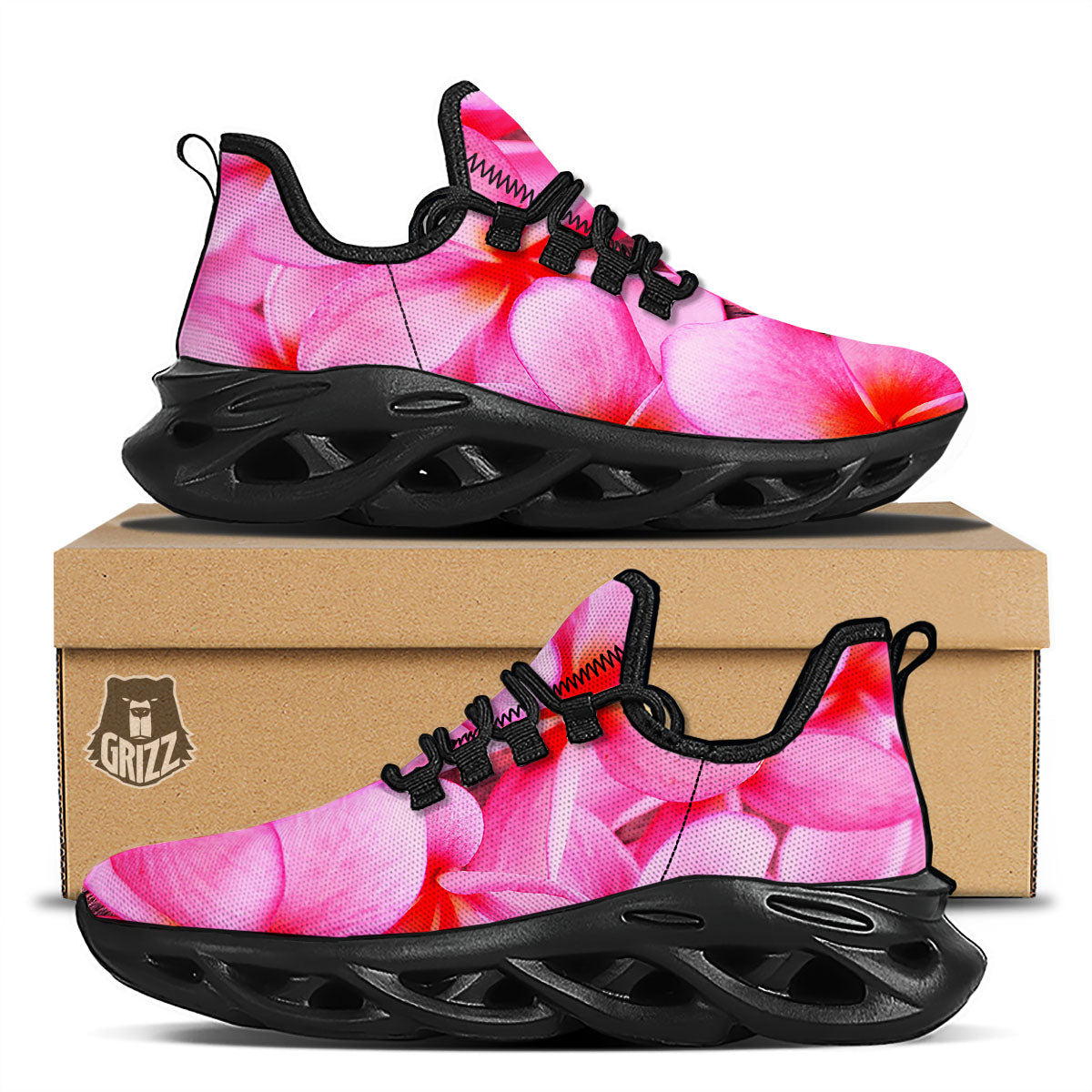 Frangipani Flower Pink Print Black Running Shoes-grizzshop
