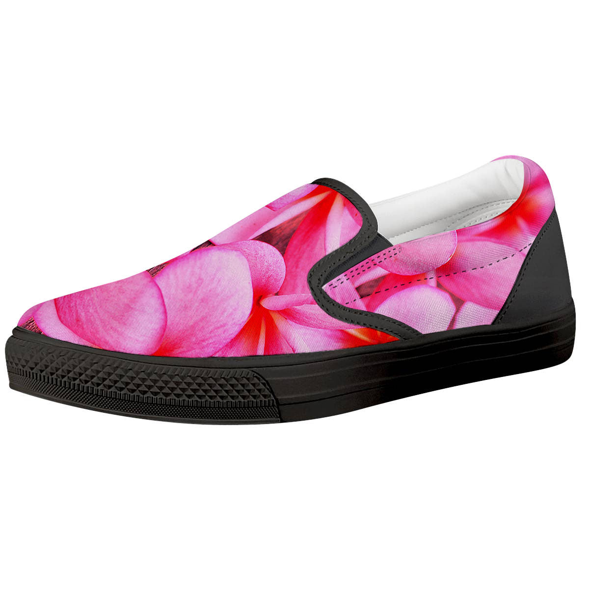 Frangipani Flower Pink Print Black Slip On Shoes-grizzshop