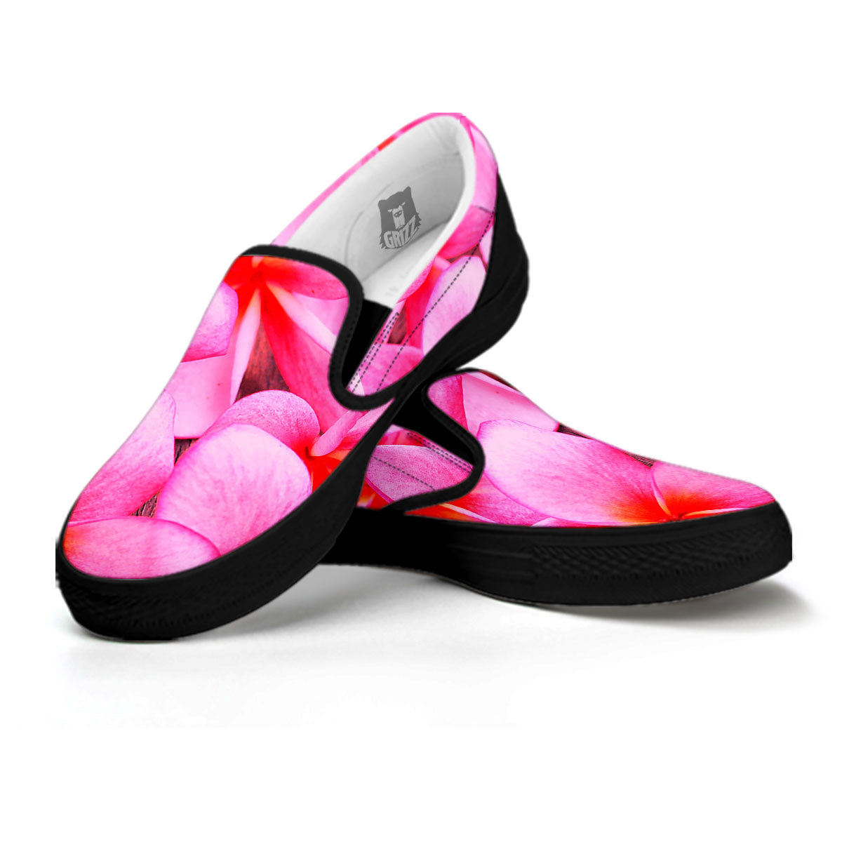Frangipani Flower Pink Print Black Slip On Shoes-grizzshop