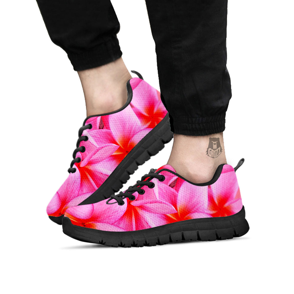 Frangipani Flower Pink Print Black Sneaker-grizzshop