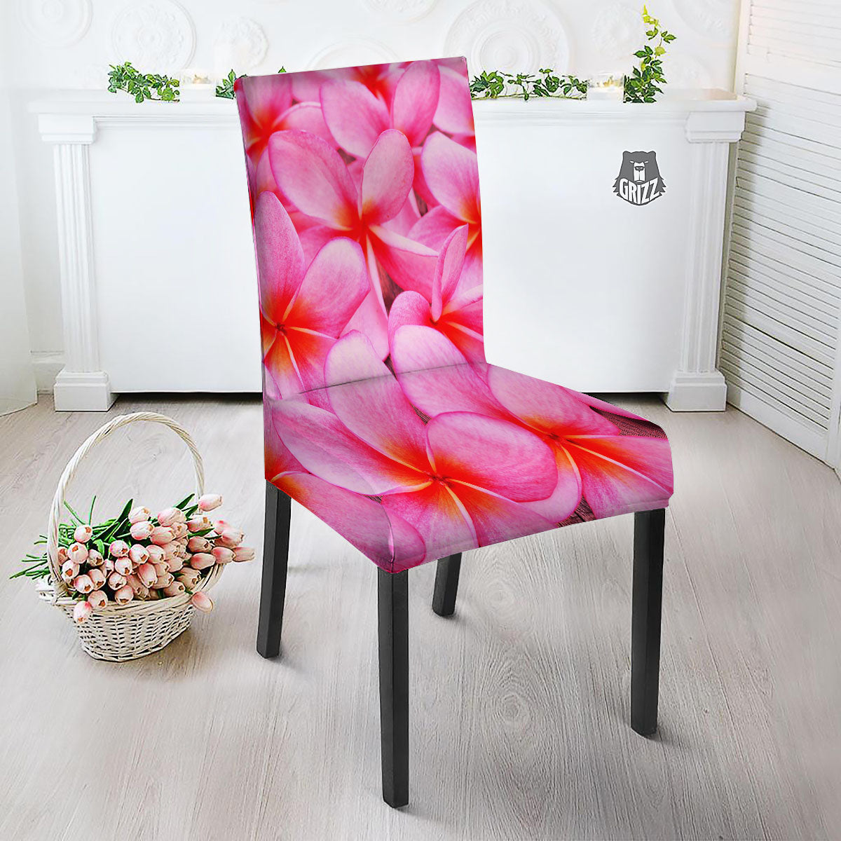 Frangipani Flower Pink Print Dining Chair Slipcover-grizzshop