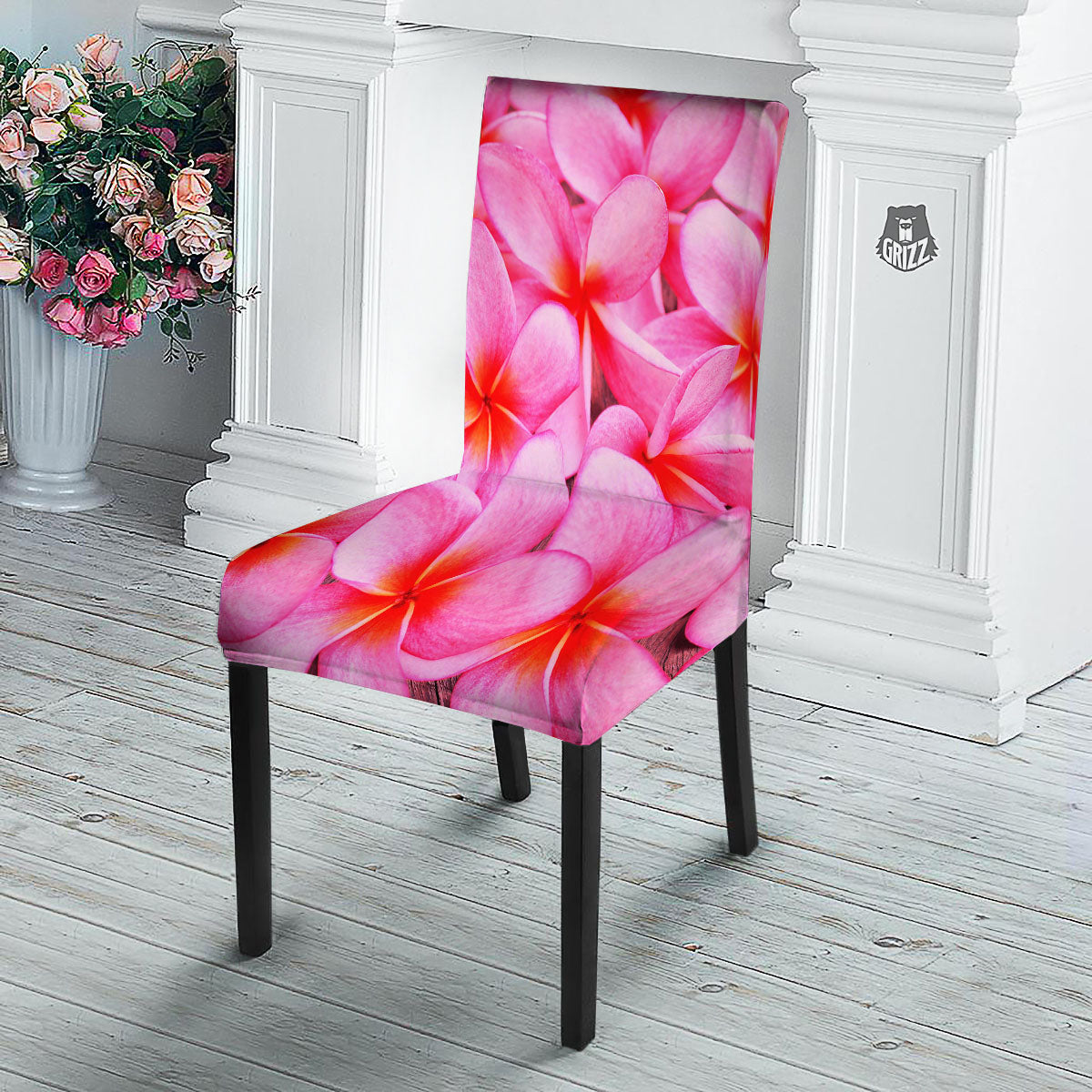 Frangipani Flower Pink Print Dining Chair Slipcover-grizzshop