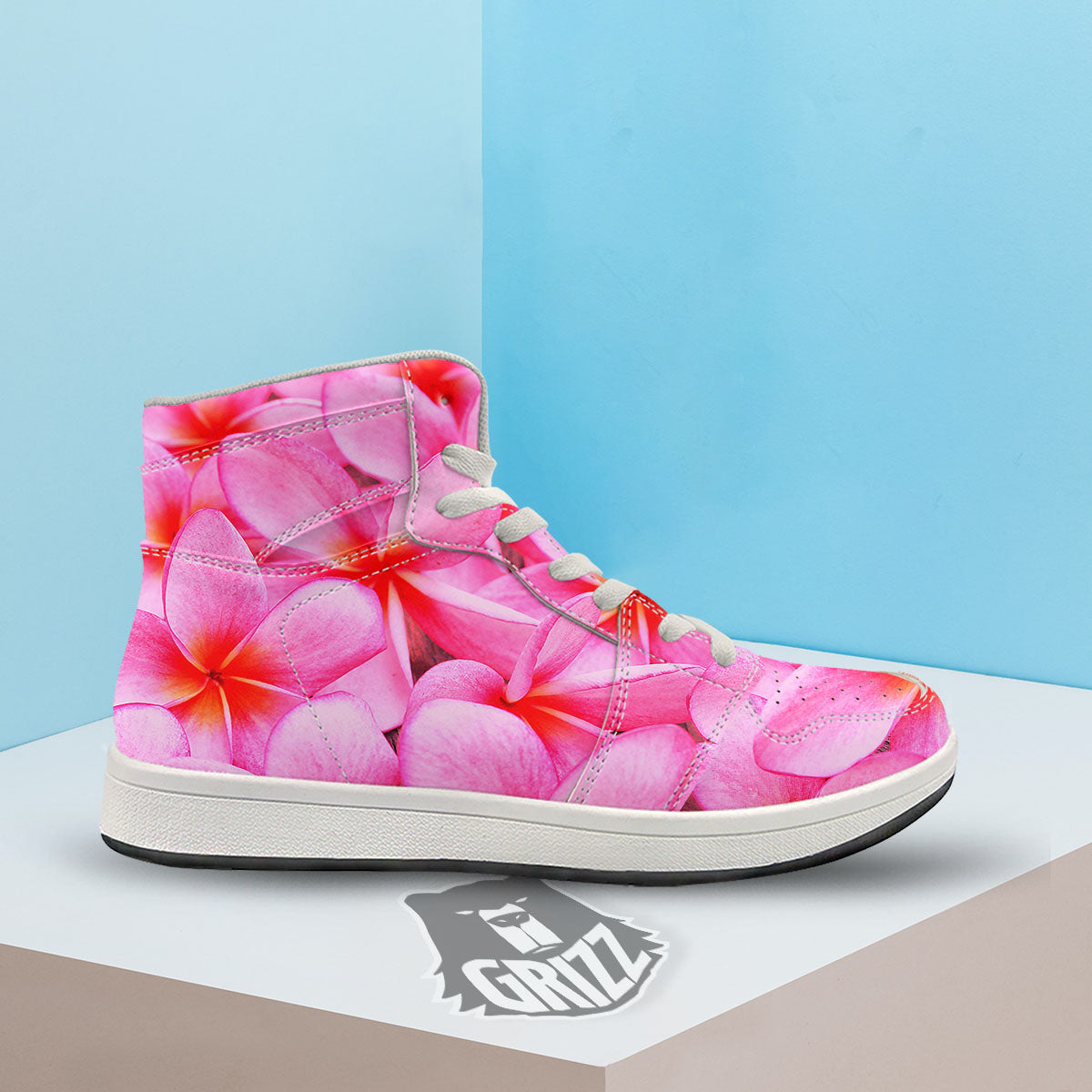 Frangipani Flower Pink Print High Top Sneakers-grizzshop