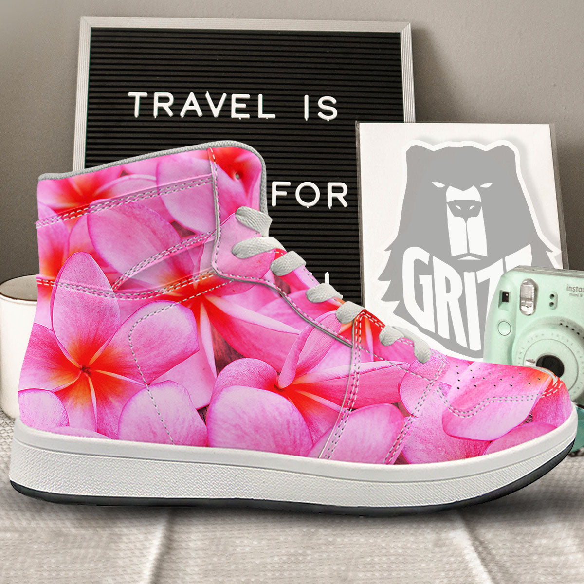 Frangipani Flower Pink Print High Top Sneakers-grizzshop