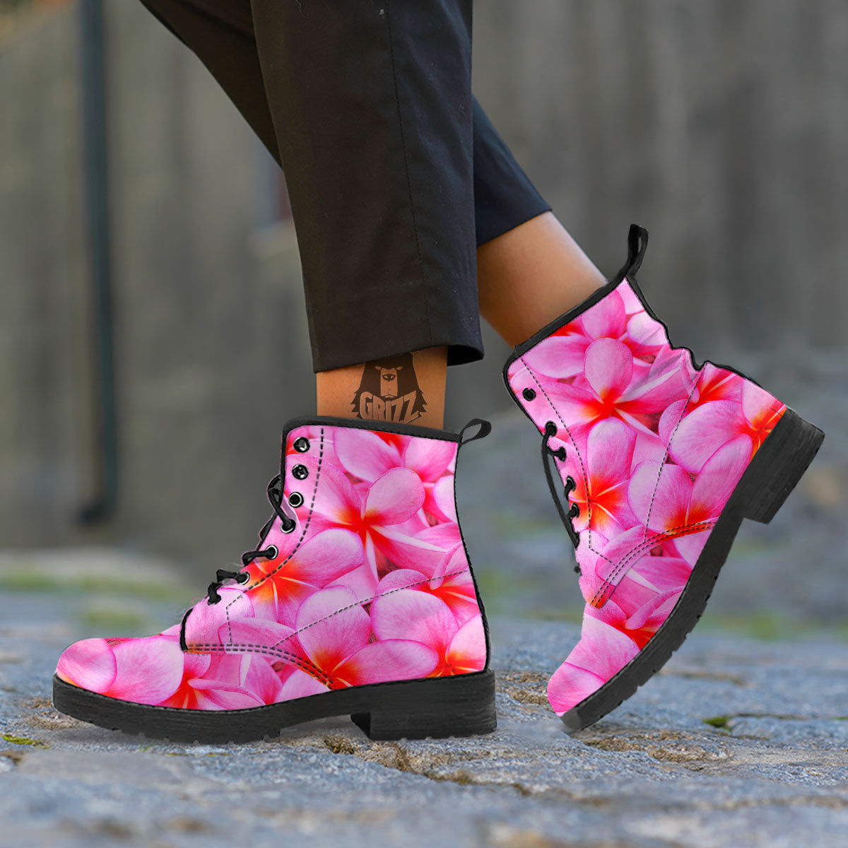 Frangipani Flower Pink Print Leather Boots-grizzshop