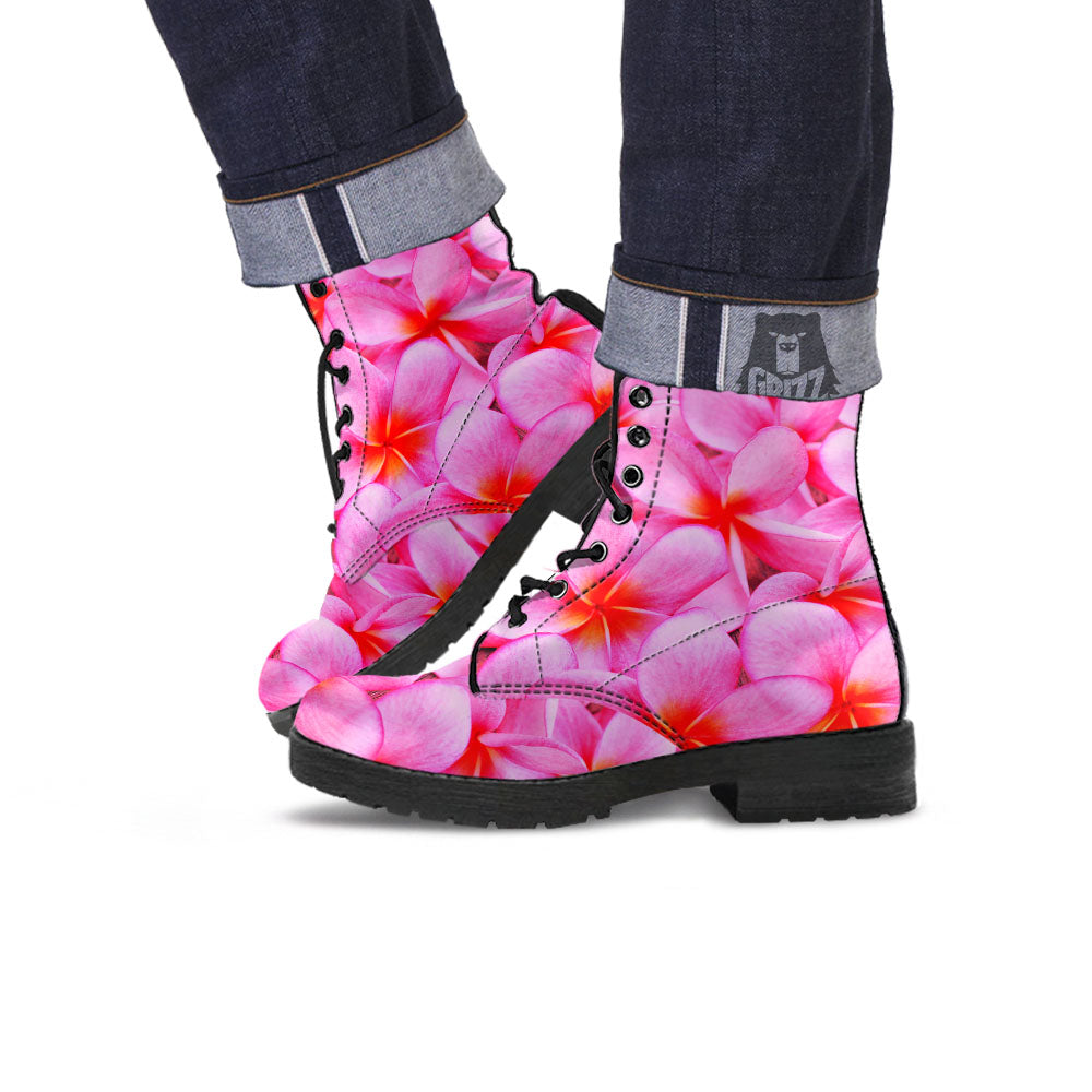 Frangipani Flower Pink Print Leather Boots-grizzshop