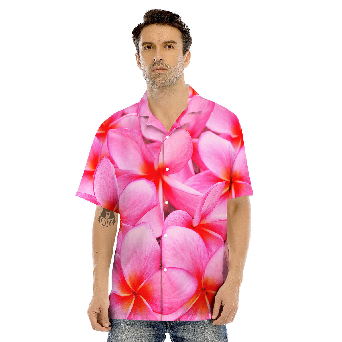 Frangipani Flower Pink Print Men's Hawaiian Shirt-grizzshop