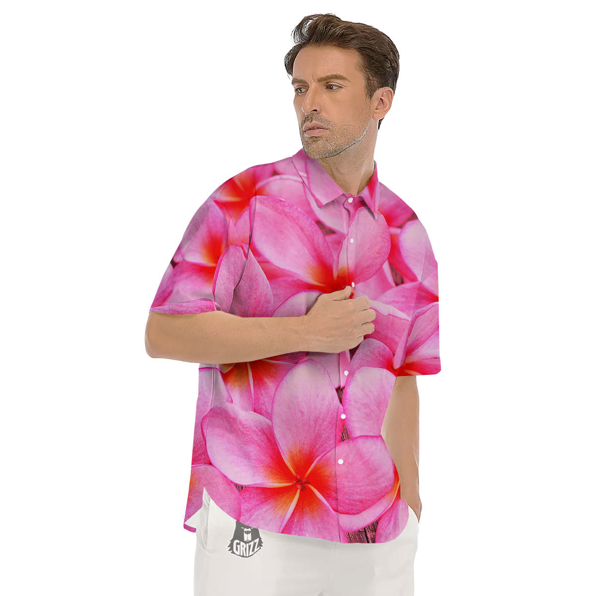 Frangipani Flower Pink Print Men's Short Sleeve Shirts-grizzshop