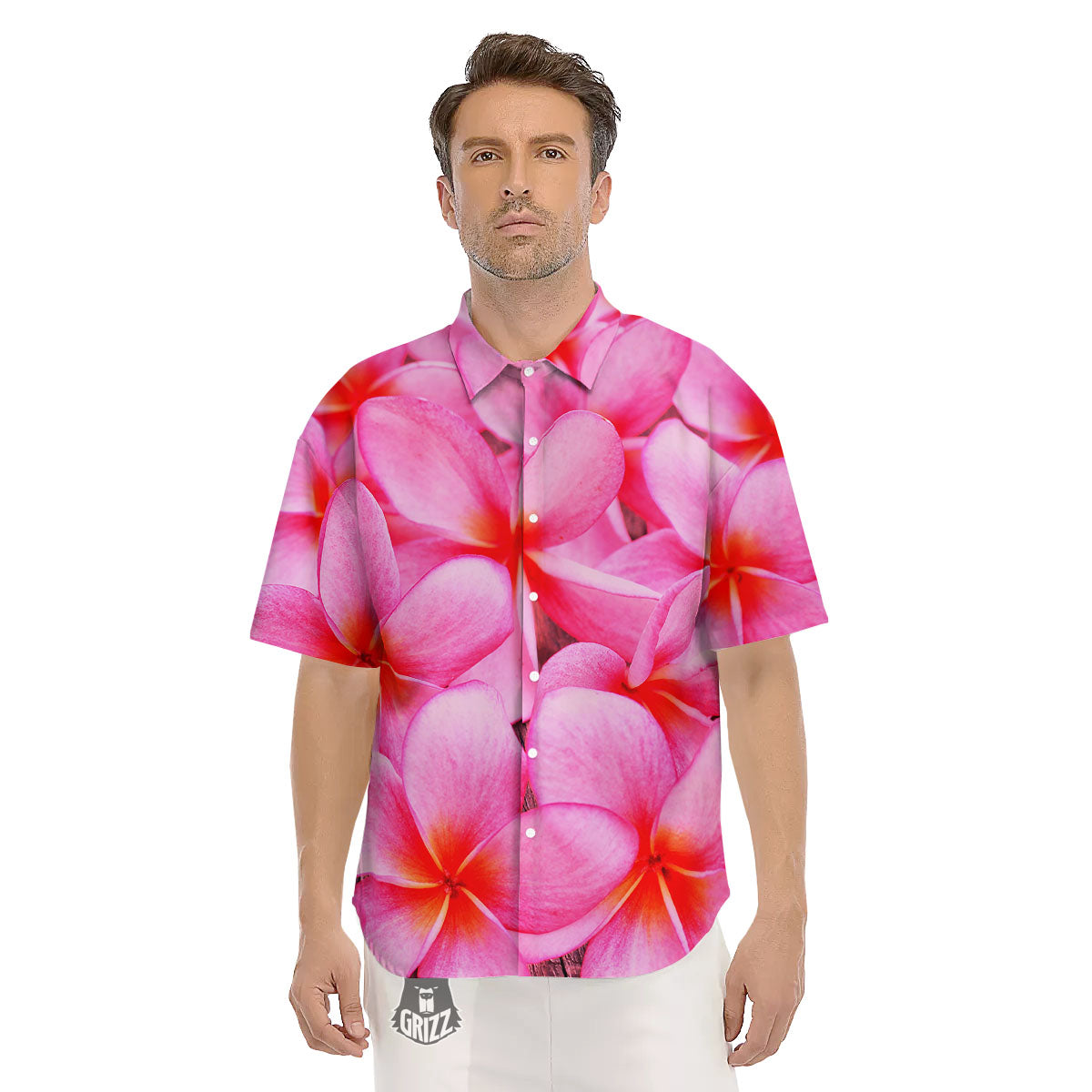 Frangipani Flower Pink Print Men's Short Sleeve Shirts-grizzshop