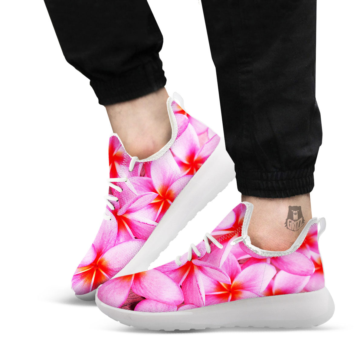 Frangipani Flower Pink Print White Athletic Shoes-grizzshop