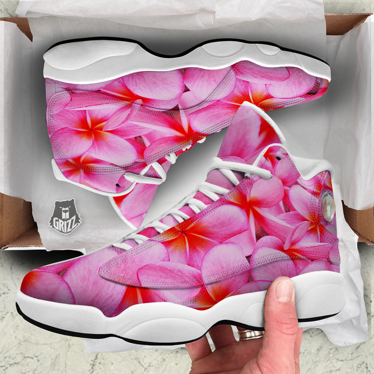 Frangipani Flower Pink Print White Basketball Shoes-grizzshop