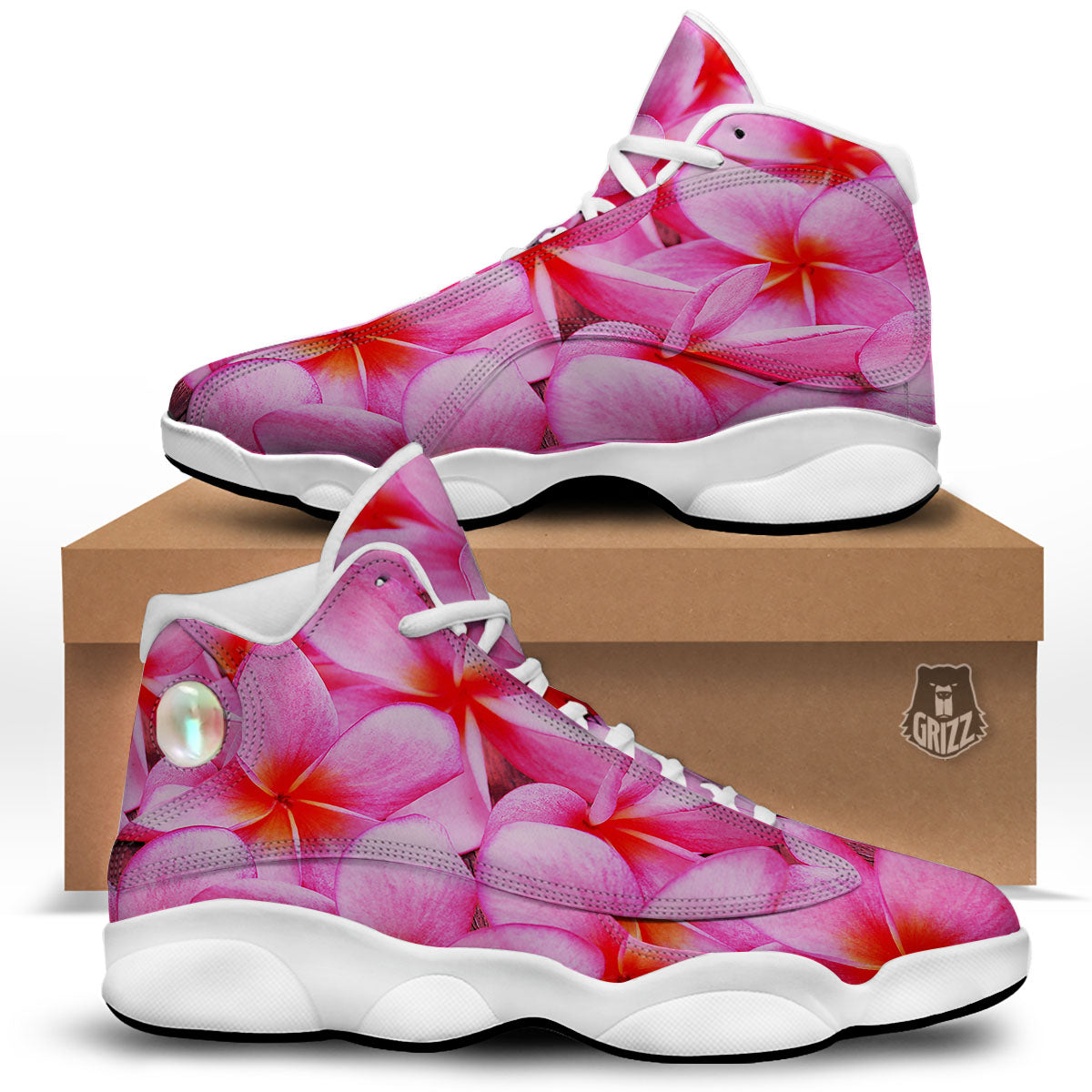 Frangipani Flower Pink Print White Basketball Shoes-grizzshop