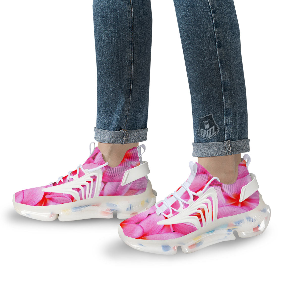 Frangipani Flower Pink Print White Gym Shoes-grizzshop