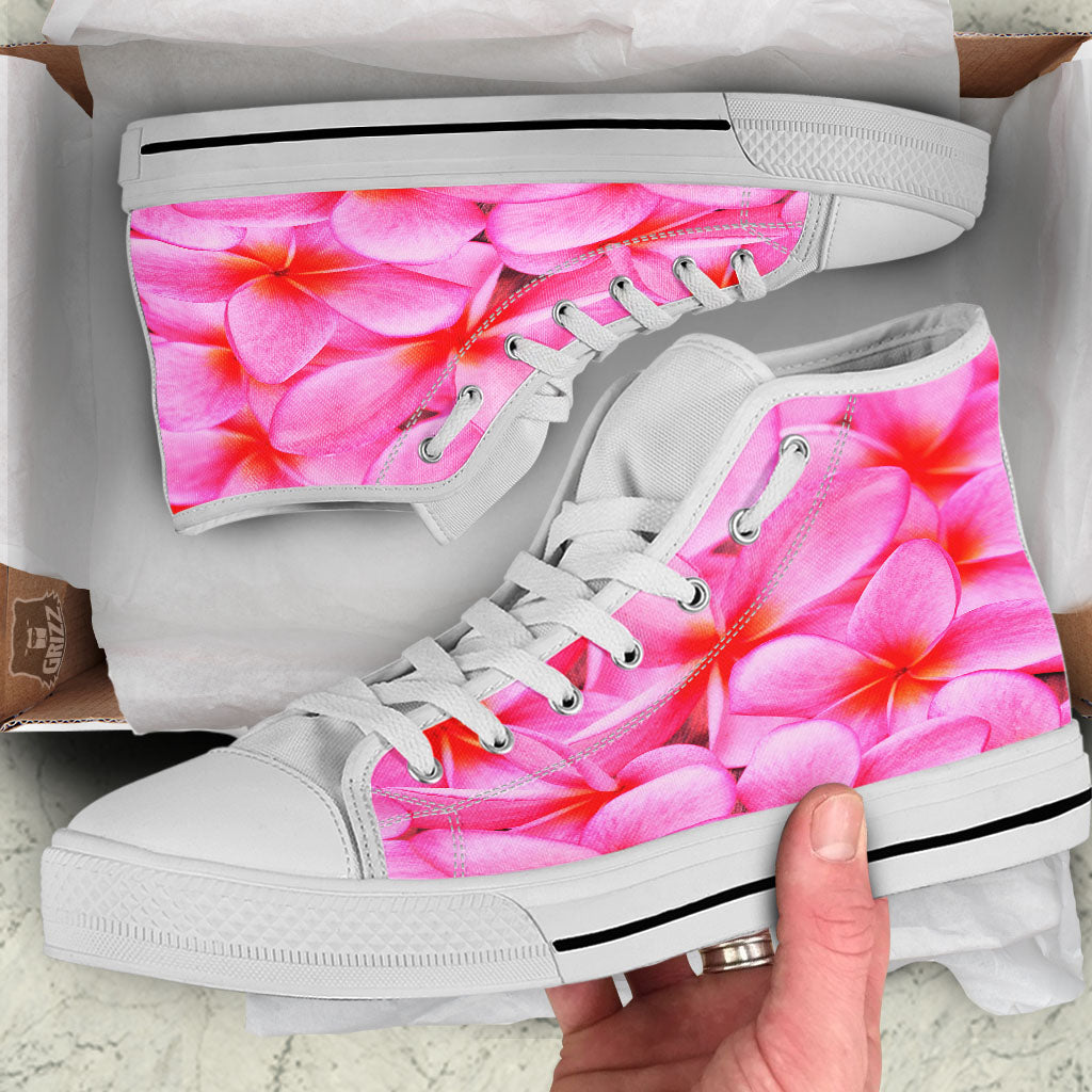 Frangipani Flower Pink Print White High Top Shoes-grizzshop
