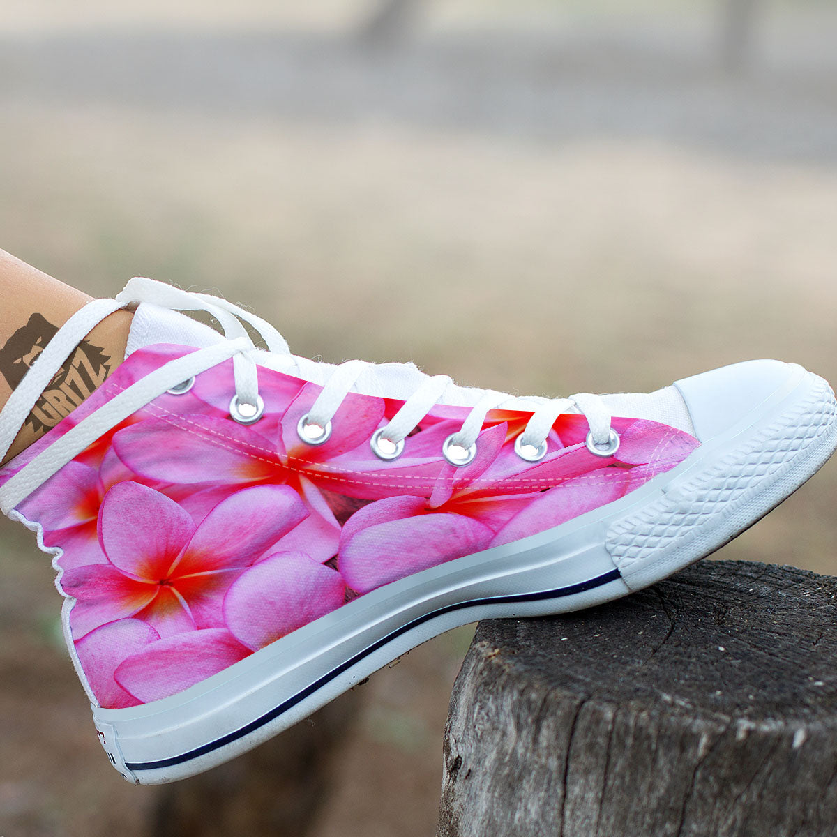 Frangipani Flower Pink Print White High Top Shoes-grizzshop