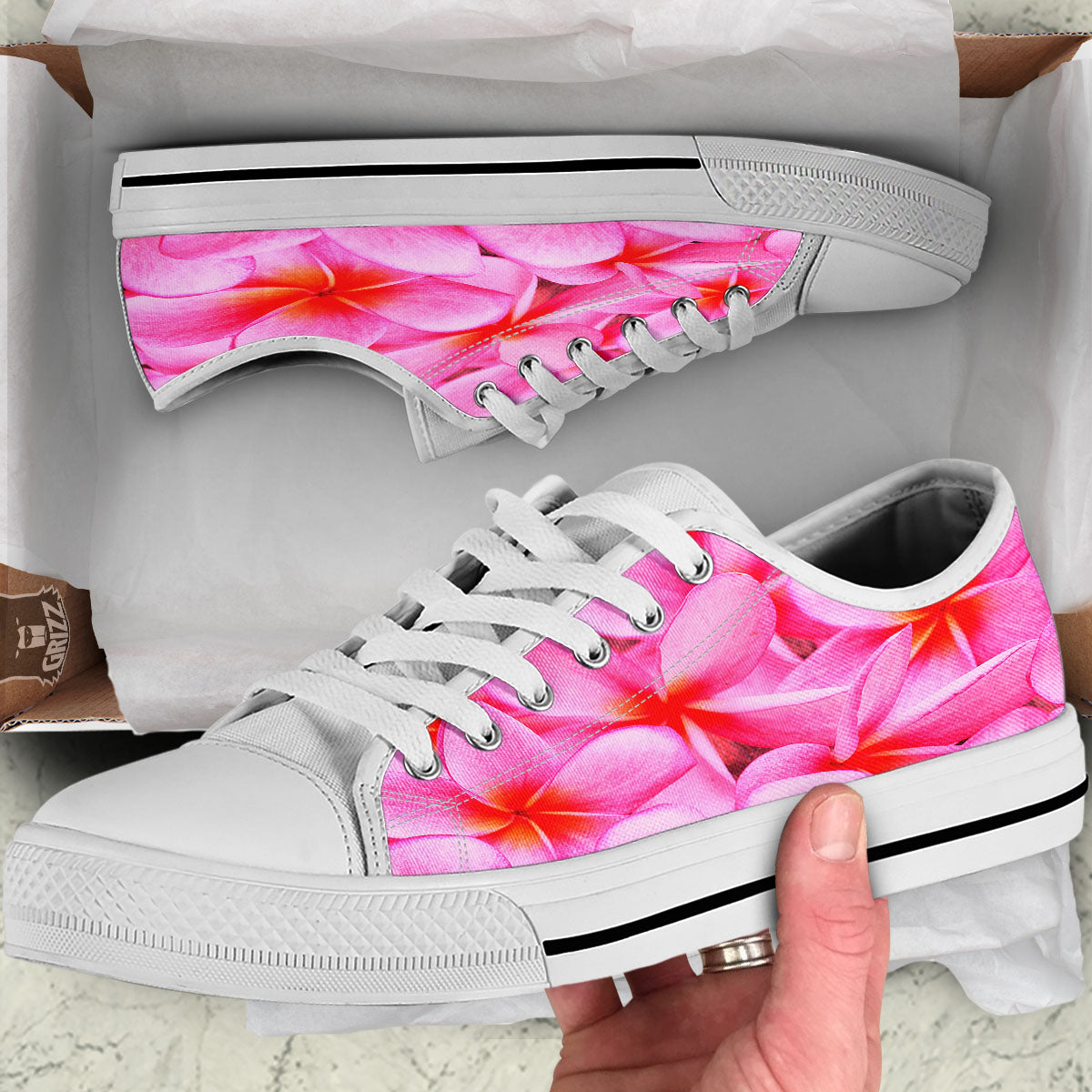 Frangipani Flower Pink Print White Low Top Shoes-grizzshop