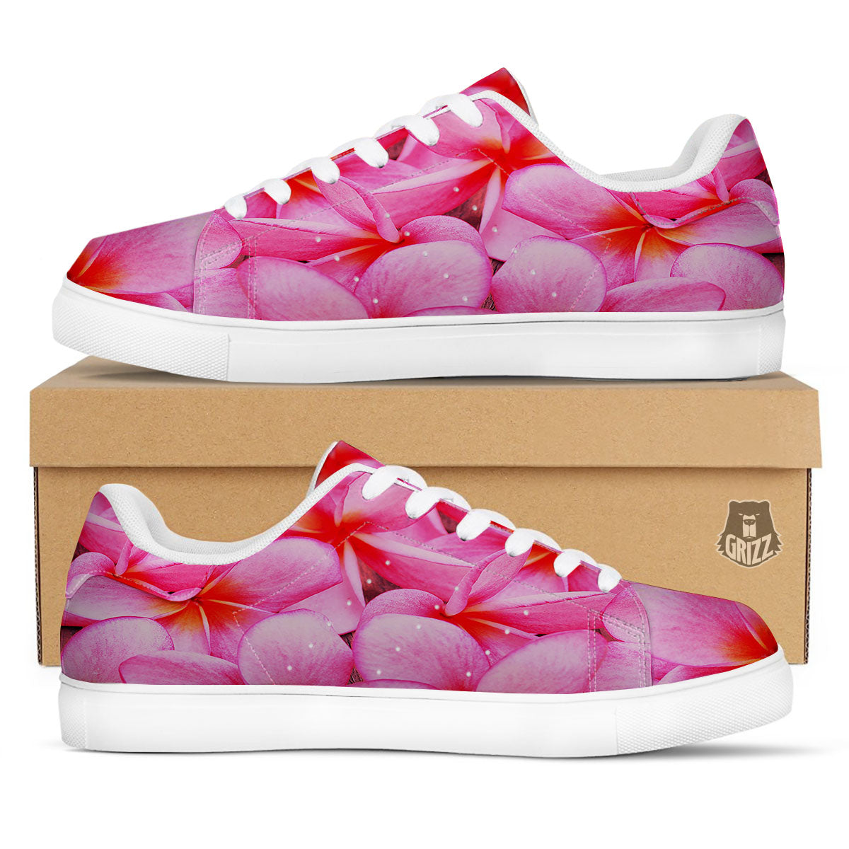 Frangipani Flower Pink Print White Low Top Sneakers-grizzshop