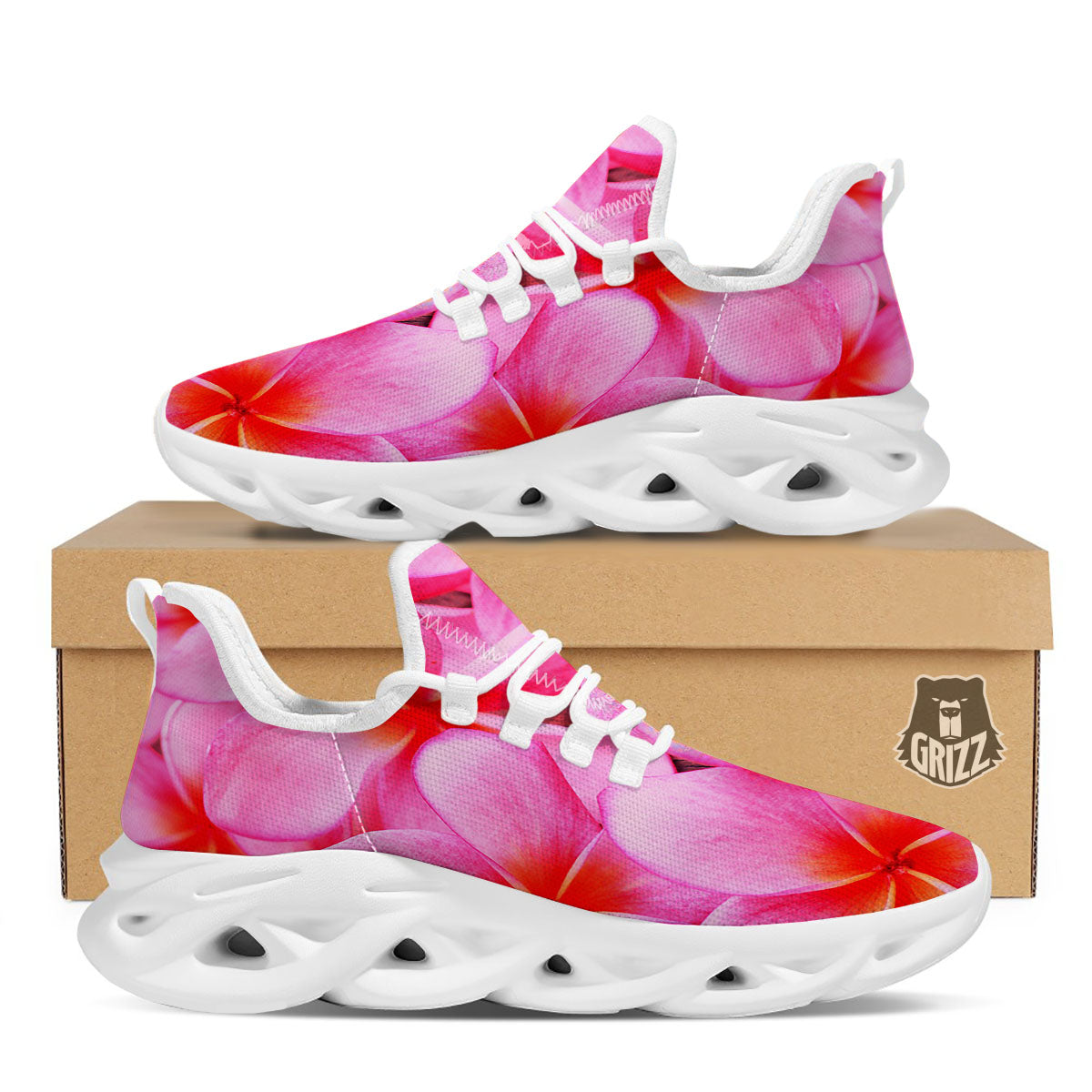 Frangipani Flower Pink Print White Running Shoes-grizzshop
