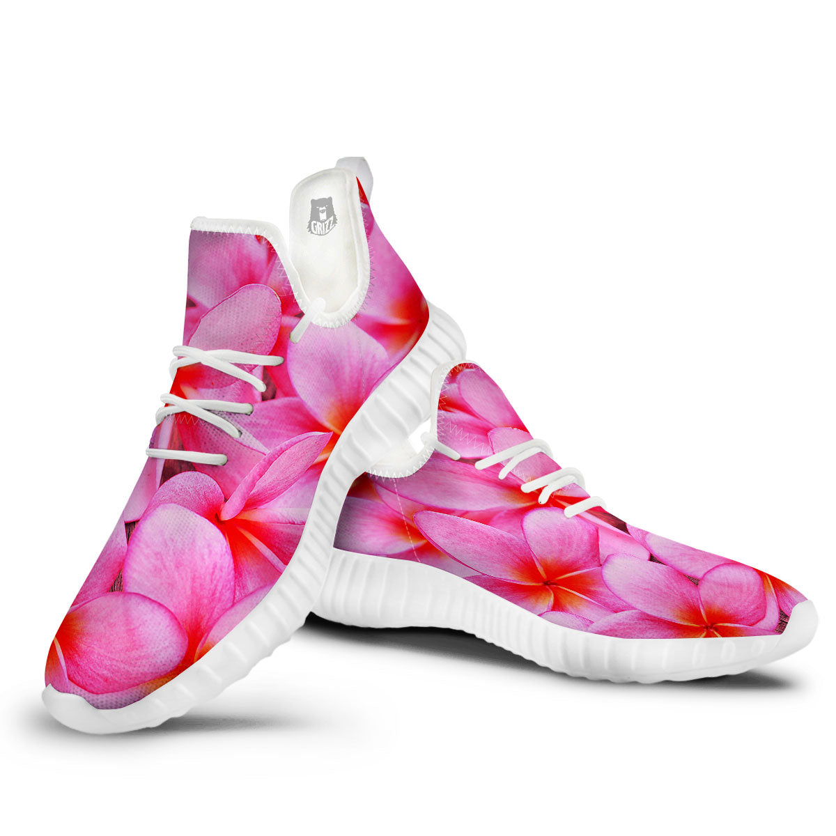 Frangipani Flower Pink Print White Walking Shoes-grizzshop